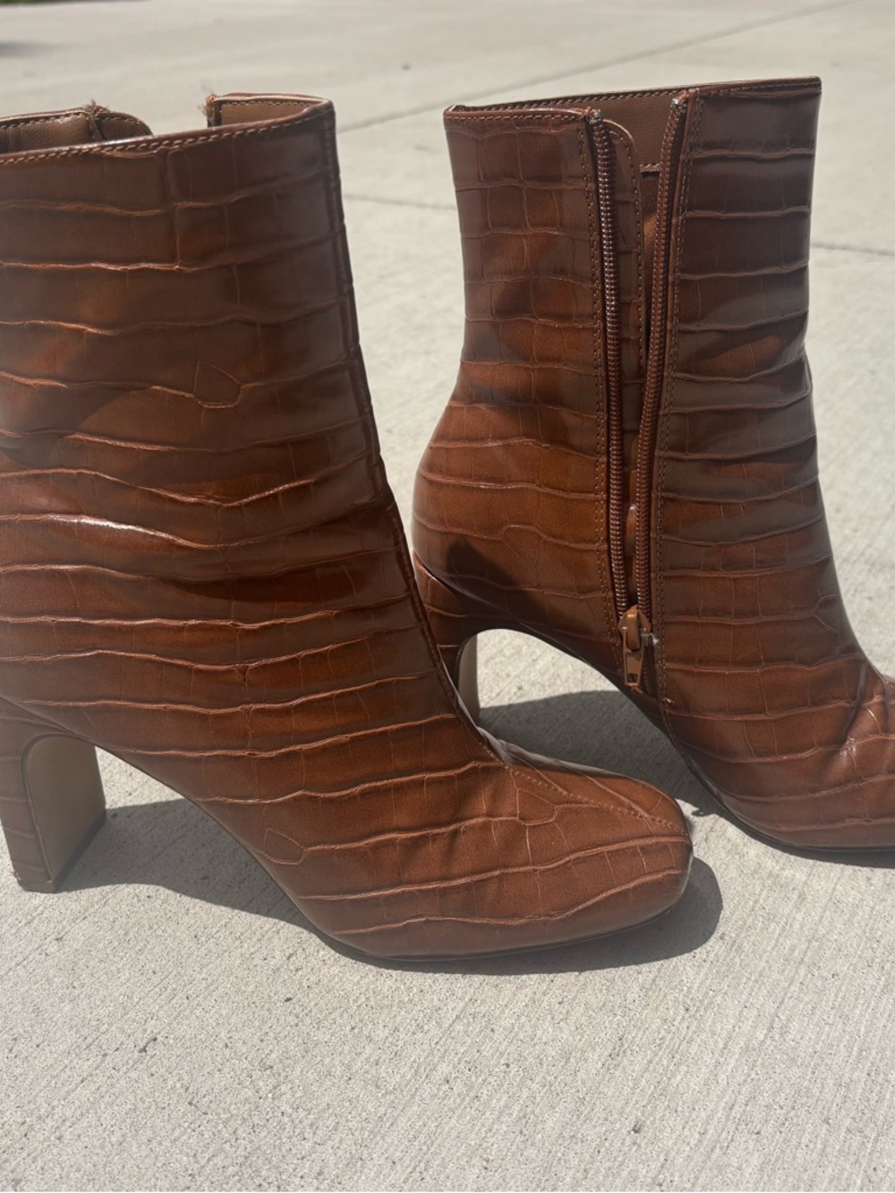 Women's Brown Croc-Embossed Mid Heel Ankle Boots